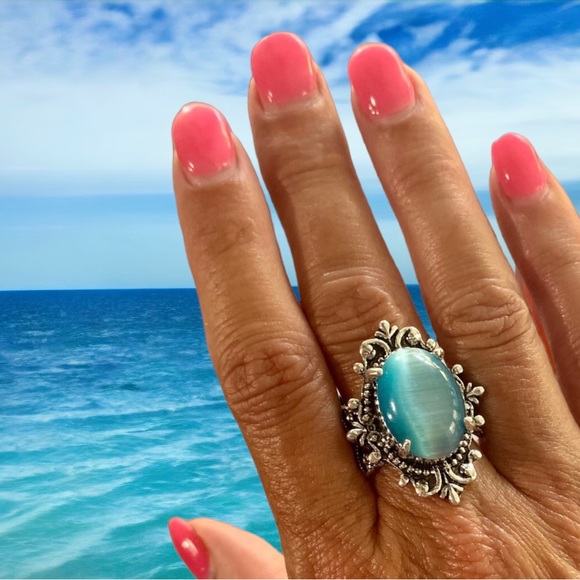 Ocean Blue Cat’s Eye Silver Plated Statement Fashion Ring Size 7 - Picture 5 of 15